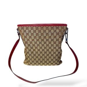 Gucci GG Monogram Canvas Crossbody Messenger Bag Beige Burgundy Leather Trim